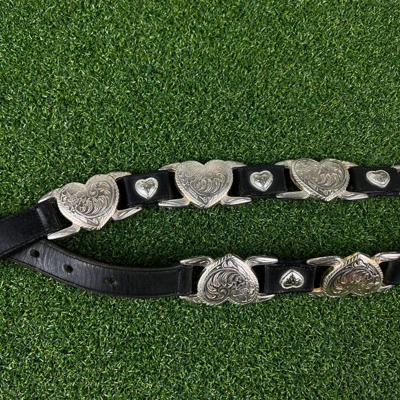 Vintage 90s Nadun 1998 Western Black Leather Silver Carved Heart Charm Belt OS main image 5